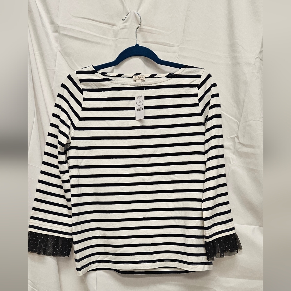 J. Crew SZ Small Blue Stripped Shirt Top with Ruffle Sleeve and Polka Dots